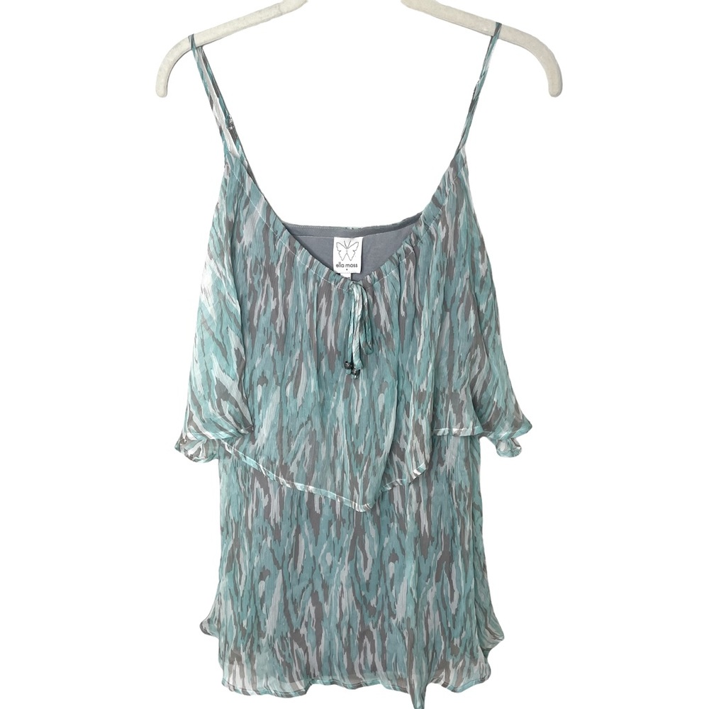 NWT Ella Moss Pale Green Gray Abstract Print‎ Silk Tiered Tank Top M
